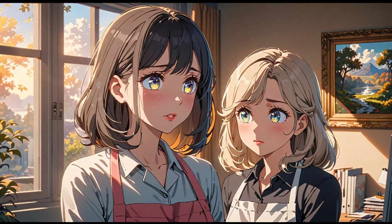 two older women talking to a sad-looking girl, a girl in an apron, in small office, beautiful detailed eyes, beautiful detailed lips, extremely detailed eyes and face, long eyelashes, intricate facial expressions, warm and friendly atmosphere, natural window lighting, high quality, 8k, hyper-detailed, masterpiece, animetic, award-winning painting, soft color palette, cinematic composition, vibrant colors, dramatic lighting