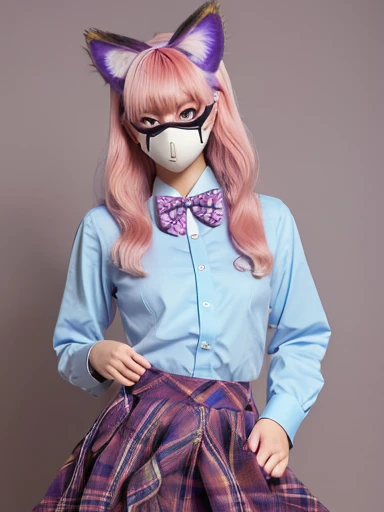 (One person, size), (guitar alone), bubble skirt, aqua shirt, bow, bowtie, button, collared shirt, Expressionless, Eyebrows hidden by hair, fox mask, Cowboy Shot, Long Hair, Long sleeve, mask, multicolored button, Pink Eyes, Pink Hair, orange skirt, Plaid, Plaid shirt, purple bow, purple bowtie, shirt, skirt, alone, very Long Hair, Ocean, Ocean, Beach, cloudy, sunlight, evening, moon, cloud, null, Outdoor, cloudy null, leaf, Remains, Sunbeam, Post-apocalyptic, Side view