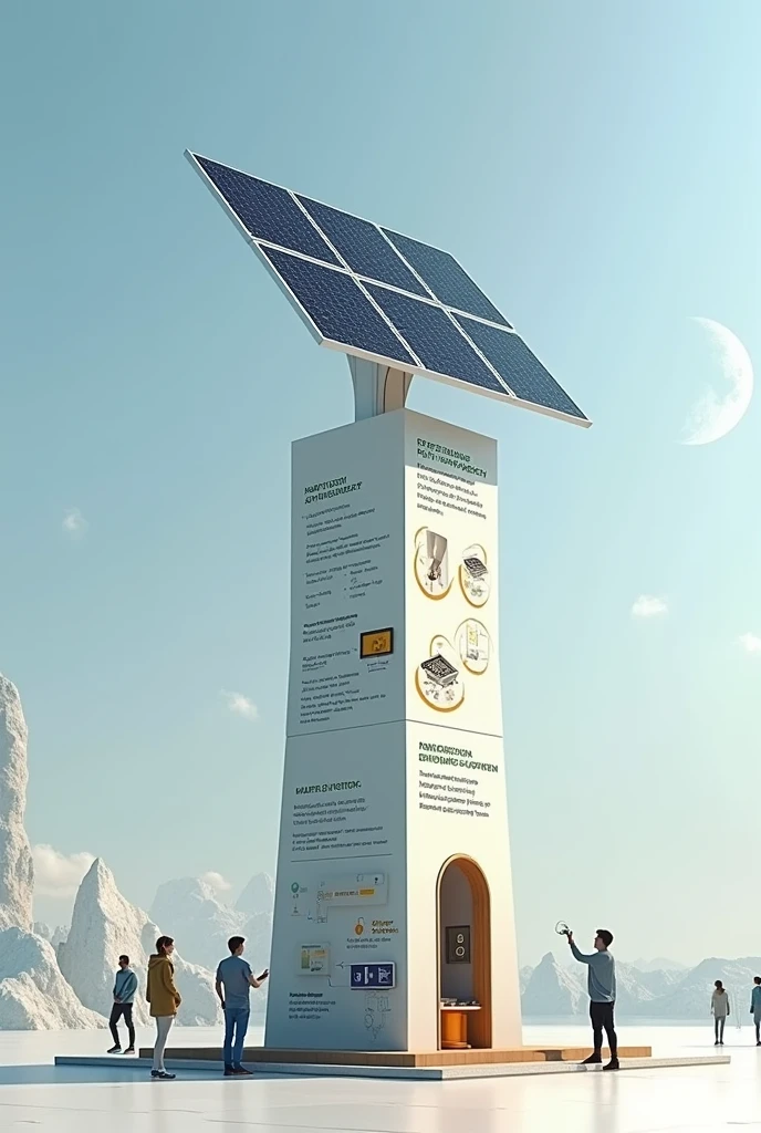 Two-meter-high educational product with two solar panels and a part to store electronic components