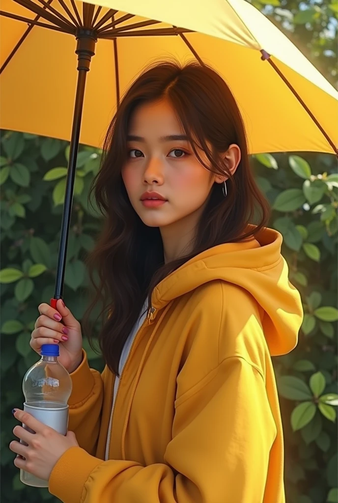 (photorealism:1.2), beautiful woman Indonesian face, half body, wearing yellow jacket hoodie, left hand holding umbrella and right hand holding water mineral botol plastic, with rainy weather, outdoor, soft lighting, plants in background, cozy room, relaxed pose, realistic, intricate details, warm colors