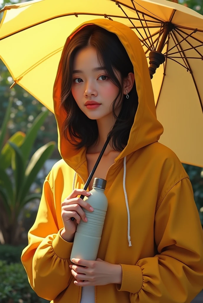 (photorealism:1.2), beautiful woman Indonesian face, half body, wearing yellow jacket hoodie, left hand holding umbrella and right hand holding water mineral botol plastic, with rainy weather, outdoor, soft lighting, plants in background, cozy room, relaxed pose, realistic, intricate details, warm colors