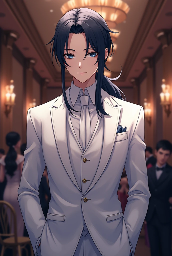 Anime boy Man long black hair with low ponytail and long bangs on the side of his forehead dark blue eyes wearing white elegant suit at an anniversary party
