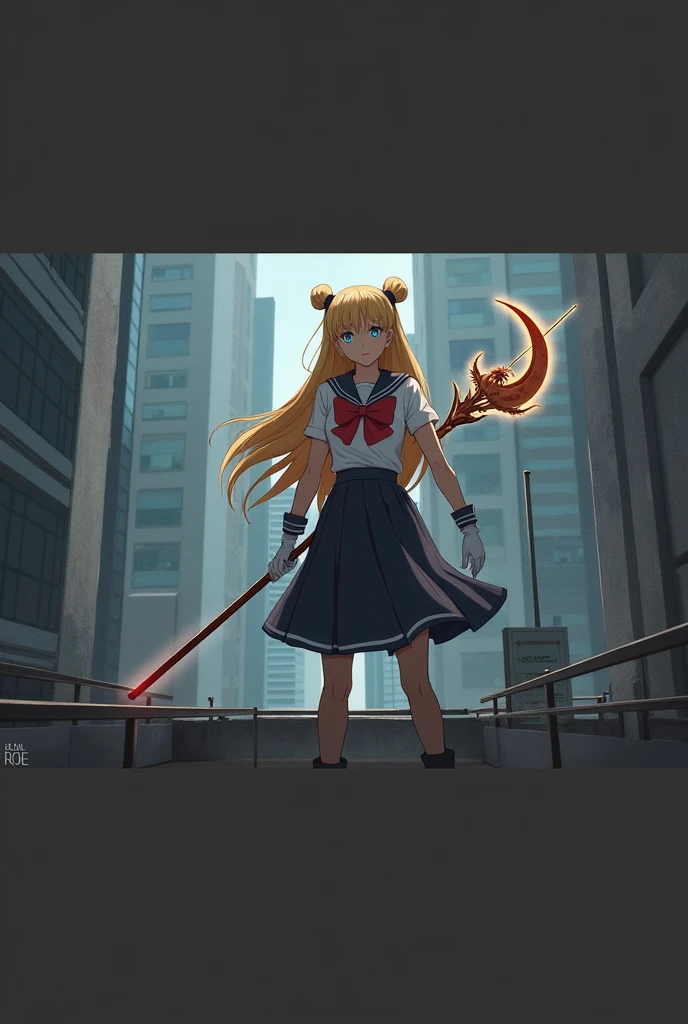 A confident young heroine with long, flowing blonde hair styled in twin buns and pigtails, dressed in a sailor-style uniform. She stands heroically on a rooftop overlooking a modern cityscape, holding a magical staff with a crescent moon and wings at the top. Her bright blue eyes shine with determination as she gazes into the distance, ready to defend the city. The uniform features a navy blue skirt, a white top with a large red bow, and white gloves. The background shows tall buildings under a clear blue sky, giving the scene a sense of grandeur and vigilance.