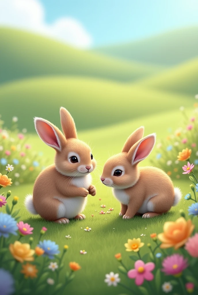 Two rabbits were exploring the fields and the female Rabbit is sniffing the flowers