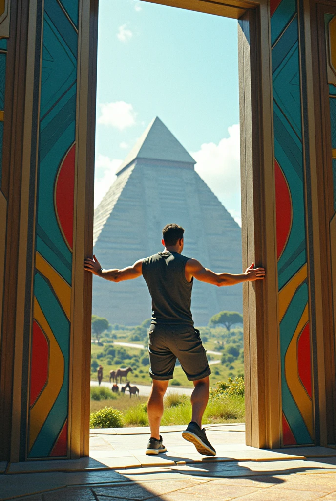 Un homme avec des vêtements futuristes pousse des deux mains des portes futuristes avec des figures géométriques de couleurs différentes sur la porte et devant lui une pyramide avec de l'herbe et des animaux .