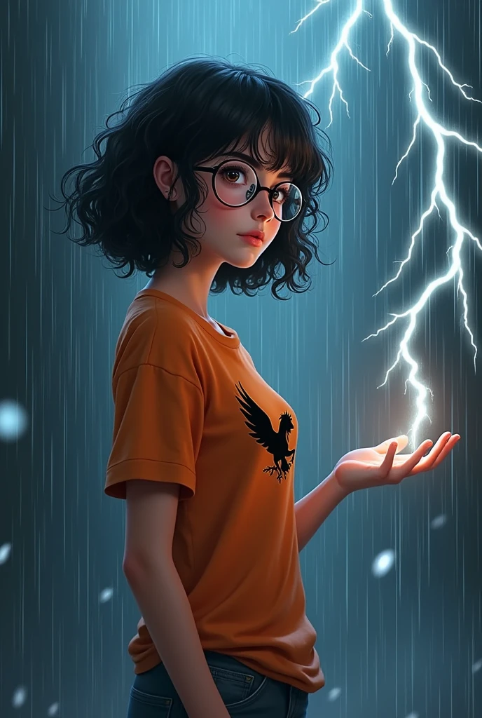 A girl wearing glasses, curly hair to her shoulders, dark skin, brown eyes, orange t-shirt with black Pegasus symbol, in the rain, looking to the side, lightning in the sky, wet rain, holding a lightning bolt