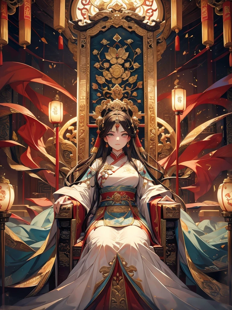 beautiful detailed eyes, beautiful detailed lips, extremely detailed eyes and face, long eyelashes, 1 emperor sitting on the throne in the main hall of an ancient Chinese palace high up in the clouds, surrounded by concubines and artisans kneeling before him, wearing luxurious ancient costume, majestic expression, ornate glazed tiles, colorful lighting, splashed ink, masterpiece, high quality, exquisite graphics, high detail