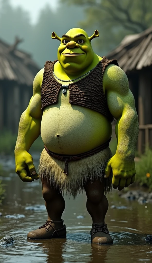 Shrek, just being Shrek, stands tall in his swamp, his green skin rugged and unmistakable. The air is thick with the scent of damp earth, and the murmur of the swamp seems to echo his solitude. His gruff exterior hides a heart that’s tender, though rarely seen. The worn wooden shack behind him is a testament to his life of self-imposed isolation, yet it’s the place where he finds peace. The swamp, wild and untamed, is his kingdom—a reflection of Shrek himself: rough around the edges, but deeply rooted in strength and an unexpected warmth.