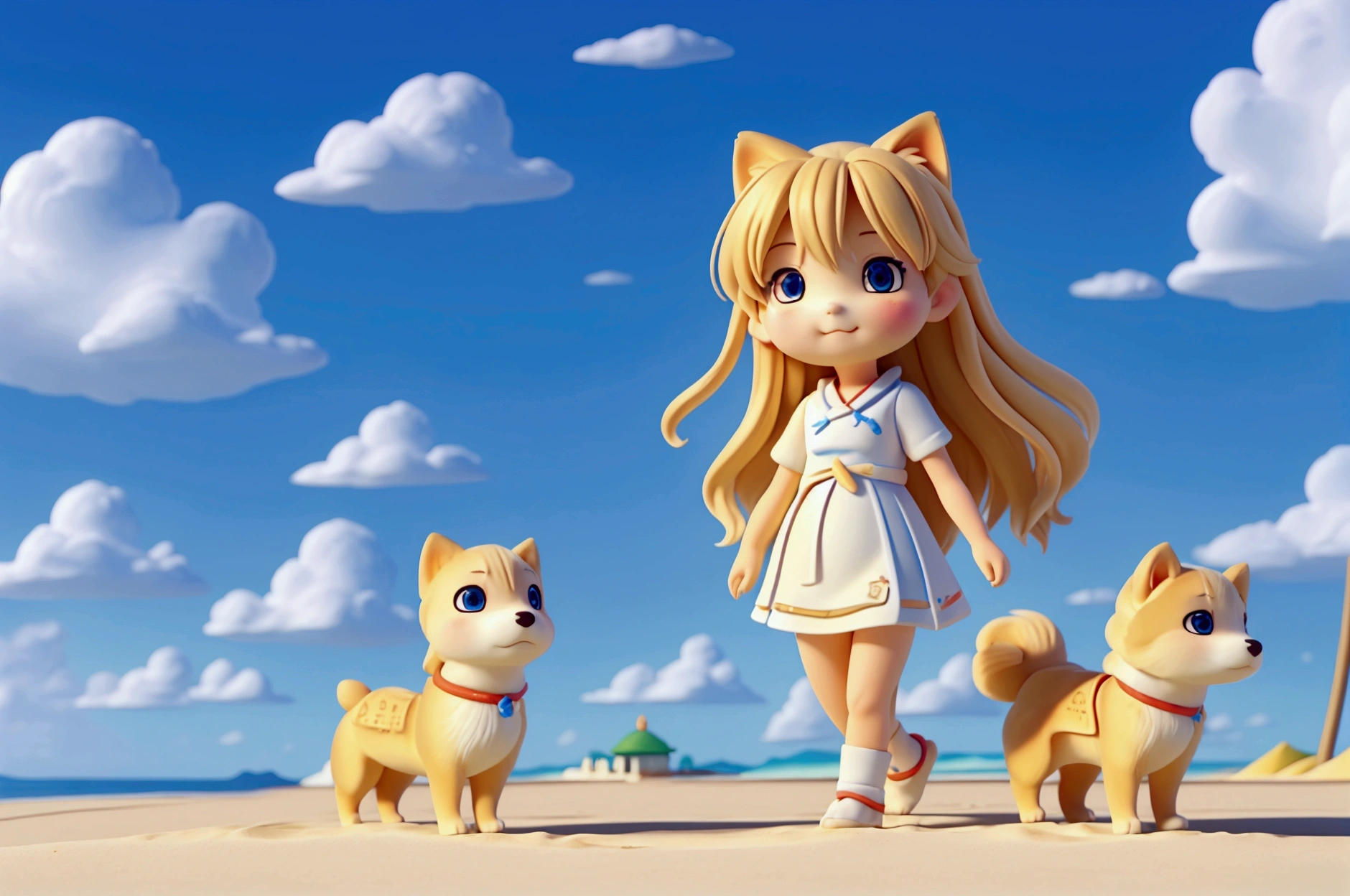 A long-haired girl walking with a Shiba Inu on the beach,Blue sky and white clouds,Pristine white sand,The island looming in the distance,HD,C4D,8k,