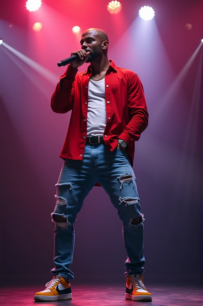 Handsome Black Singer Man. strong bodie, stylish. Modern Black Shaved Hair. Manly Stylish Clothing. Red button down blouse, white tank top and modern jeans and cute colorful sneakers. He is on a stage singing