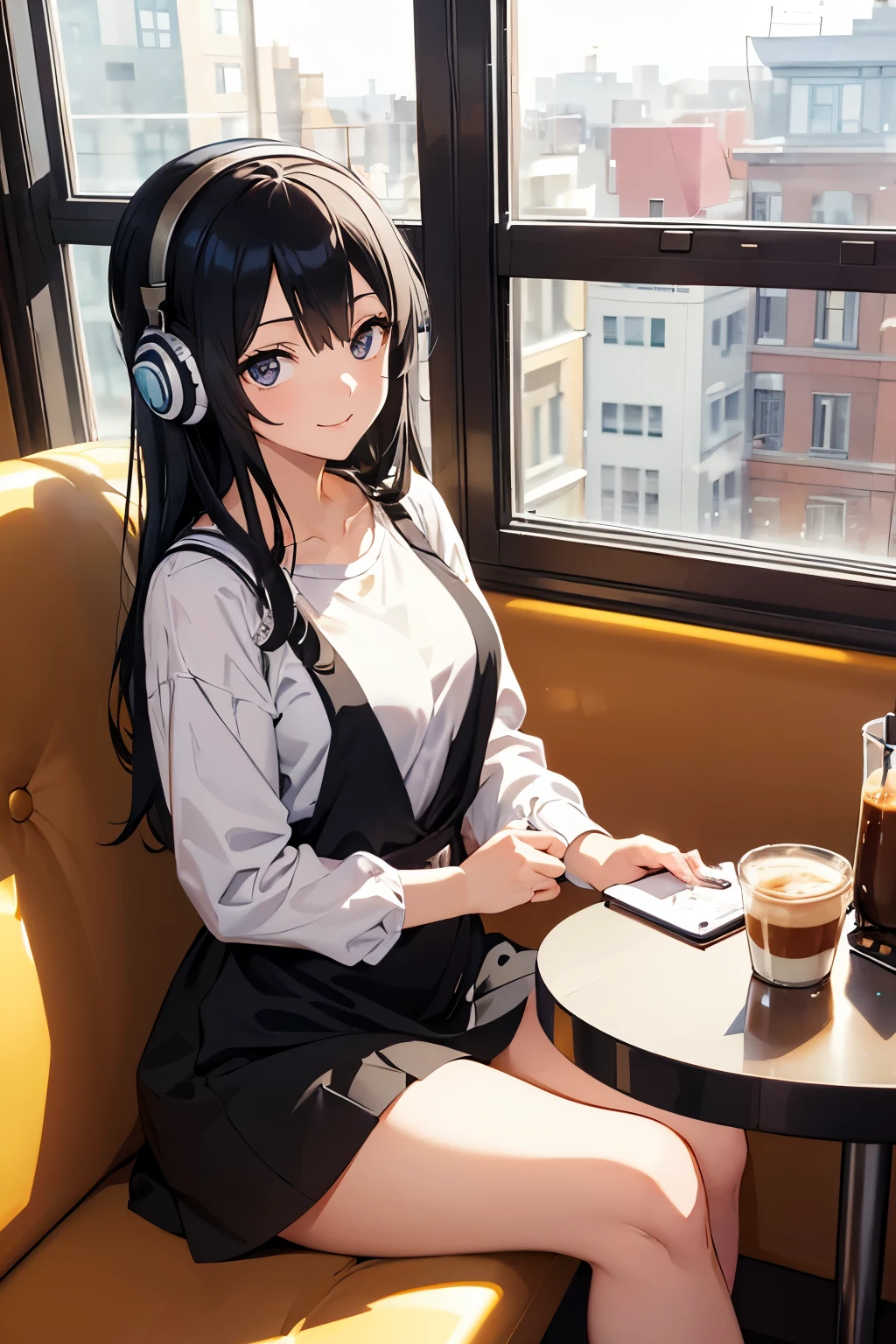 (A woman with black hair is wearing headphones), (Enjoying coffee while listening to background music by the window in a cafe), (Very detailed, masterpiece, Highest quality, bright), (Anime Style) background: Cafe window with natural light streaming in: Kind smile costume: Casual one piece pose: Sit in the window seat、Scene with cup: With pleasant music、Enjoy a moment at the cafe 