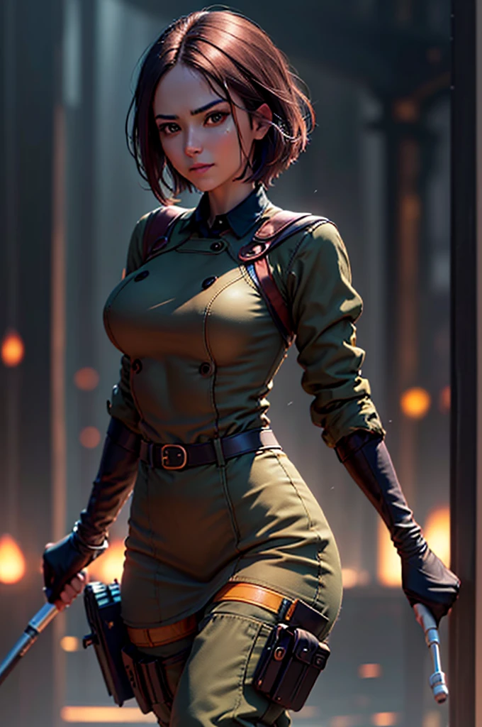 (at night), in a video game scene in the background, a beautiful city at night, raining, alone, standing looking straight ahead, military clothing with military green skirt and pants, black gloves, semi-short hair, ((semi-short hair)), 1 girl, 30 years old, young woman, perfect hands, Beautiful fingers, Beautiful long legs, Beautiful body, Beautiful nose, Beautiful character design, perfect face, looking straight at the viewer with a serious gesture and very upset, she has a black whip in her hand (focusing on her face), mouth closed, light_smile, official art, extremely detailed CG unity 8k wallpaper, perfect lighting, bright and colorful front lighting, shiny skin (artwork master: 1.0), (Best_quality: 1.0), ultra High resolution, 4k, ultra detailed photography, 8K, hdr, High resolution, Nonsense:1.2, Kodak portrait 400, film grain, Blurred background, bokeh:1.2, Flash lens, (vibrant_color:1.2), professional photography, (Beautiful, breasts: 1.4), (Beautiful_face: 1.5), (narrow waist),
