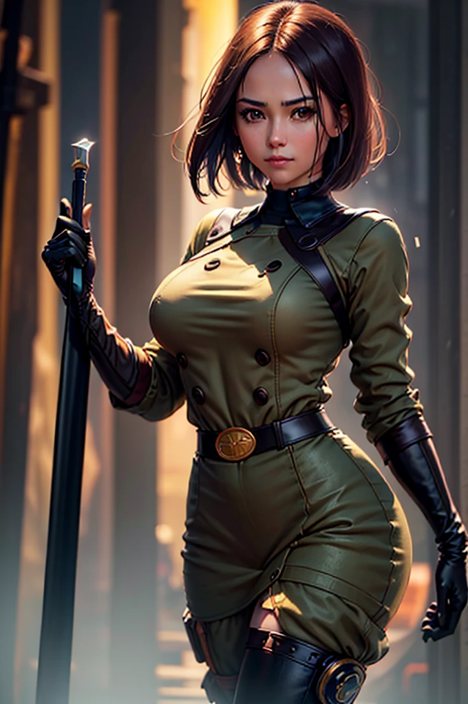 (at night), in a video game scene in the background, a beautiful city at night, raining, alone, standing looking straight ahead, military clothing with military green skirt and pants, black gloves, semi-short hair, ((semi-short hair)), 1 girl, 30 years old, young woman, perfect hands, Beautiful fingers, Beautiful long legs, Beautiful body, Beautiful nose, Beautiful character design, perfect face, looking straight at the viewer with a serious gesture and very upset, she has a black whip in her hand (focusing on her face), mouth closed, light_smile, official art, extremely detailed CG unity 8k wallpaper, perfect lighting, bright and colorful front lighting, shiny skin (artwork master: 1.0), (Best_quality: 1.0), ultra High resolution, 4k, ultra detailed photography, 8K, hdr, High resolution, Nonsense:1.2, Kodak portrait 400, film grain, Blurred background, bokeh:1.2, Flash lens, (vibrant_color:1.2), professional photography, (Beautiful, breasts: 1.4), (Beautiful_face: 1.5), (narrow waist),