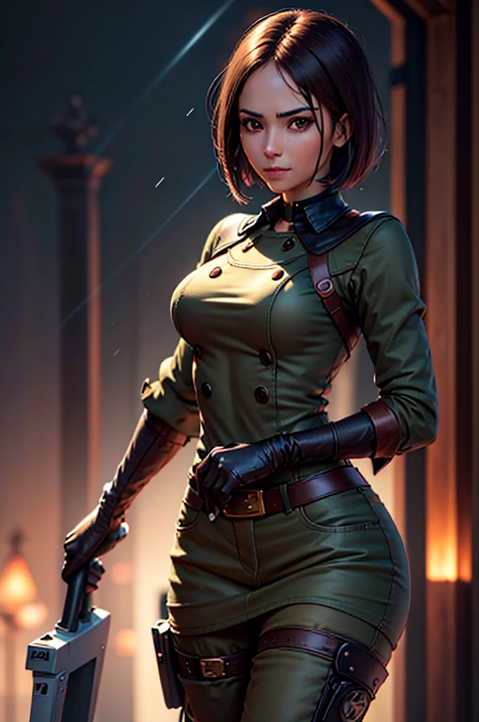 (at night), in a video game scene in the background, a beautiful city at night, raining, alone, standing looking straight ahead, military clothing with military green skirt and pants, black gloves, semi-short hair, ((semi-short hair)), 1 girl, 30 years old, young woman, perfect hands, Beautiful fingers, Beautiful long legs, Beautiful body, Beautiful nose, Beautiful character design, perfect face, looking straight at the viewer with a serious gesture and very upset, she has a black whip in her hand (focusing on her face), mouth closed, light_smile, official art, extremely detailed CG unity 8k wallpaper, perfect lighting, bright and colorful front lighting, shiny skin (artwork master: 1.0), (Best_quality: 1.0), ultra High resolution, 4k, ultra detailed photography, 8K, hdr, High resolution, Nonsense:1.2, Kodak portrait 400, film grain, Blurred background, bokeh:1.2, Flash lens, (vibrant_color:1.2), professional photography, (Beautiful, breasts: 1.4), (Beautiful_face: 1.5), (narrow waist),