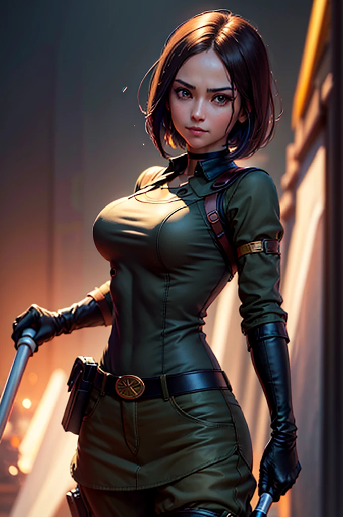 (at night), in a video game scene in the background, a beautiful city at night, raining, alone, standing looking straight ahead, military clothing with military green skirt and pants, black gloves, semi-short hair, ((semi-short hair)), 1 girl, 30 years old, young woman, perfect hands, Beautiful fingers, Beautiful long legs, Beautiful body, Beautiful nose, Beautiful character design, perfect face, looking straight at the viewer with a serious gesture and very upset, she has a black whip in her hand (focusing on her face), mouth closed, light_smile, official art, extremely detailed CG unity 8k wallpaper, perfect lighting, bright and colorful front lighting, shiny skin (artwork master: 1.0), (Best_quality: 1.0), ultra High resolution, 4k, ultra detailed photography, 8K, hdr, High resolution, Nonsense:1.2, Kodak portrait 400, film grain, Blurred background, bokeh:1.2, Flash lens, (vibrant_color:1.2), professional photography, (Beautiful, breasts: 1.4), (Beautiful_face: 1.5), (narrow waist),
