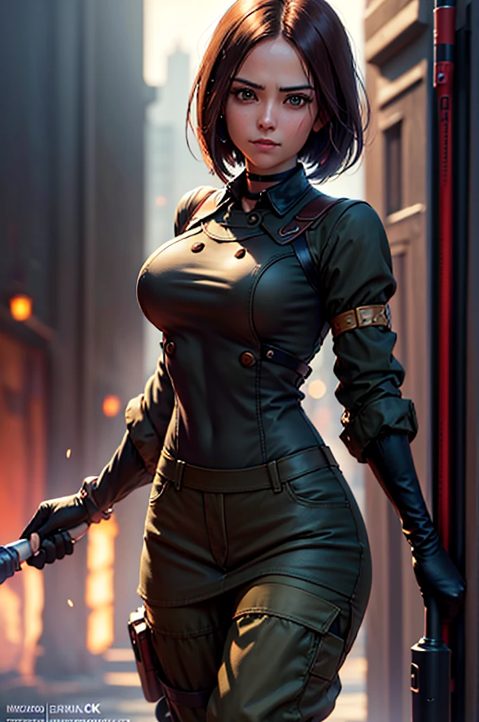 (at night), in a video game scene in the background, a beautiful city at night, raining, alone, standing looking straight ahead, military clothing with military green skirt and pants, black gloves, semi-short hair, ((semi-short hair)), 1 girl, 30 years old, young woman, perfect hands, Beautiful fingers, Beautiful long legs, Beautiful body, Beautiful nose, Beautiful character design, perfect face, looking straight at the viewer with a serious gesture and very upset, she has a black whip in her hand (focusing on her face), mouth closed, light_smile, official art, extremely detailed CG unity 8k wallpaper, perfect lighting, bright and colorful front lighting, shiny skin (artwork master: 1.0), (Best_quality: 1.0), ultra High resolution, 4k, ultra detailed photography, 8K, hdr, High resolution, Nonsense:1.2, Kodak portrait 400, film grain, Blurred background, bokeh:1.2, Flash lens, (vibrant_color:1.2), professional photography, (Beautiful, breasts: 1.4), (Beautiful_face: 1.5), (narrow waist),