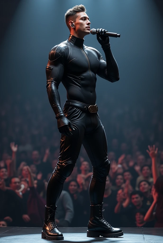 Create an innovative, futuristic and very masculine outfit for a male singer .That gives the impression of a powerful man.Let your posture be forward in movement, singing with microphone in hand , with people listening to him with jubilation .Someone imposing with broad shoulders but a solid, athletic body with a narrow waist that is very manly. .
Let your garment be new, something never seen before. In black and dark grey tones, it is made with fine details for the torso, it could be a shirt, a sweatshirt or something very close to your body..With fine futuristic details .But his torso is covered and with novel details in the pants that give it a futuristic impression..
With shiny black vinyl boots with novel details such as a thin, non-rounded toe that also has high, square heels that give it height., slim the singer and stylize him .