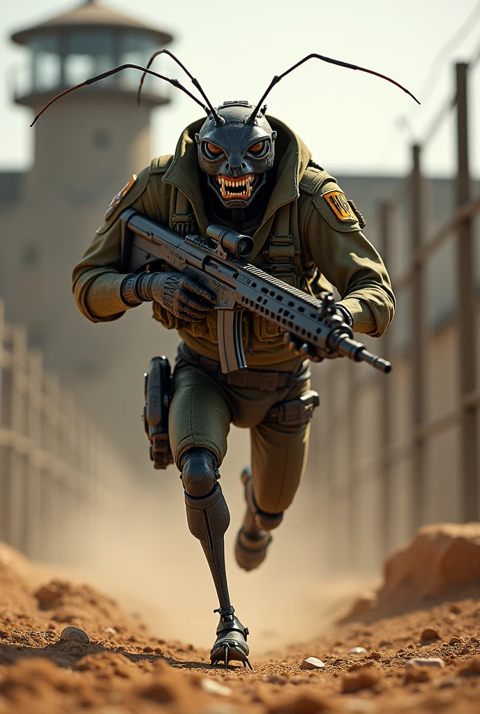 A ant with military suit with a gun and running in front of the prison