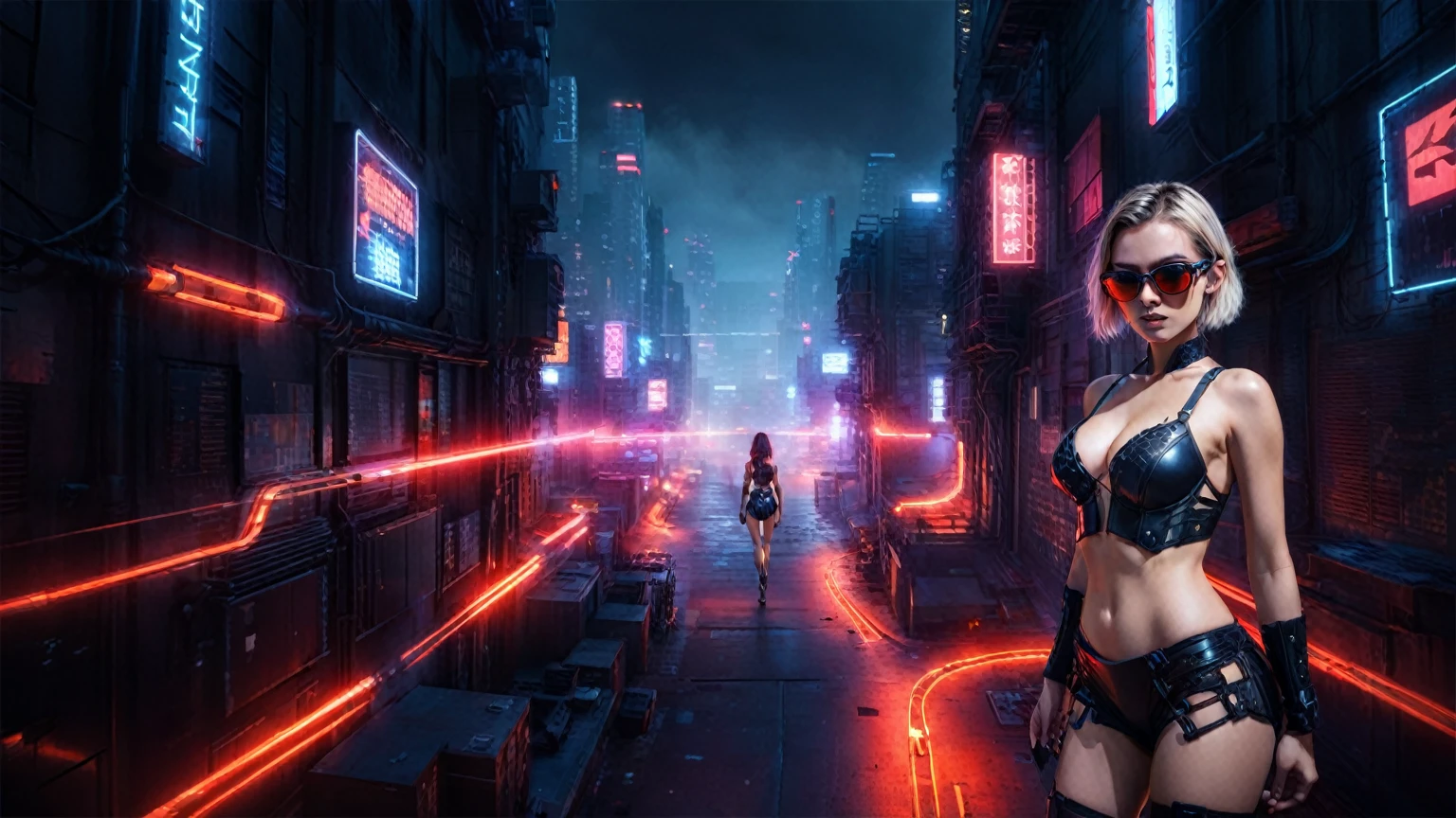 (High view). There's a cyborg woman (8k) wearing a futuristic leotard (best quality) standing in a cyberpunk city alley at night, darksynth aesthetic, red neons, haze, 1drone, foggy night, ultra detailed, photorealistic. At night, (1girl, solo, alone), photorealistic, medium-breast slim:0.6 body, oval:0.5 face, cleavage:1.1, sexy black laced bra, miniskirt, white laced panty, coat, (black micro sunglasses), (holding a short gun), (slightly leaning forward running pose), ((half-body thigh level medium shot)), cinematic lighting, ray tracing, motion blurred background.