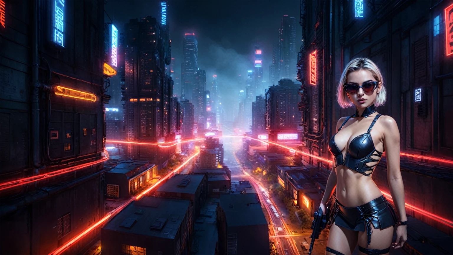 (High view). There's a cyborg woman (8k) wearing a futuristic leotard (best quality) standing in a cyberpunk city alley at night, darksynth aesthetic, red neons, haze, 1drone, foggy night, ultra detailed, photorealistic. At night, (1girl, solo, alone), photorealistic, medium-breast slim:0.6 body, oval:0.5 face, cleavage:1.1, sexy black laced bra, miniskirt, white laced panty, coat, (black micro sunglasses), (holding a short gun), (slightly leaning forward running pose), ((half-body thigh level medium shot)), cinematic lighting, ray tracing, motion blurred background.