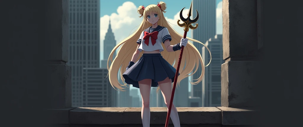 A confident young heroine with long, flowing blonde hair styled in twin buns and pigtails, dressed in a sailor-style uniform. She stands heroically on a rooftop overlooking a modern cityscape, holding a magical staff with a crescent moon and wings at the top. Her bright blue eyes shine with determination as she gazes into the distance, ready to defend the city. The uniform features a navy blue skirt, a white top with a large red bow, and white gloves. The background shows tall buildings under a clear blue sky, giving the scene a sense of grandeur and vigilance.