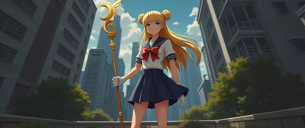 A confident young heroine with long, flowing blonde hair styled in twin buns and pigtails, dressed in a sailor-style uniform. She stands heroically on a rooftop overlooking a modern cityscape, holding a magical staff with a crescent moon and wings at the top. Her bright blue eyes shine with determination as she gazes into the distance, ready to defend the city. The uniform features a navy blue skirt, a white top with a large red bow, and white gloves. The background shows tall buildings under a clear blue sky, giving the scene a sense of grandeur and vigilance.