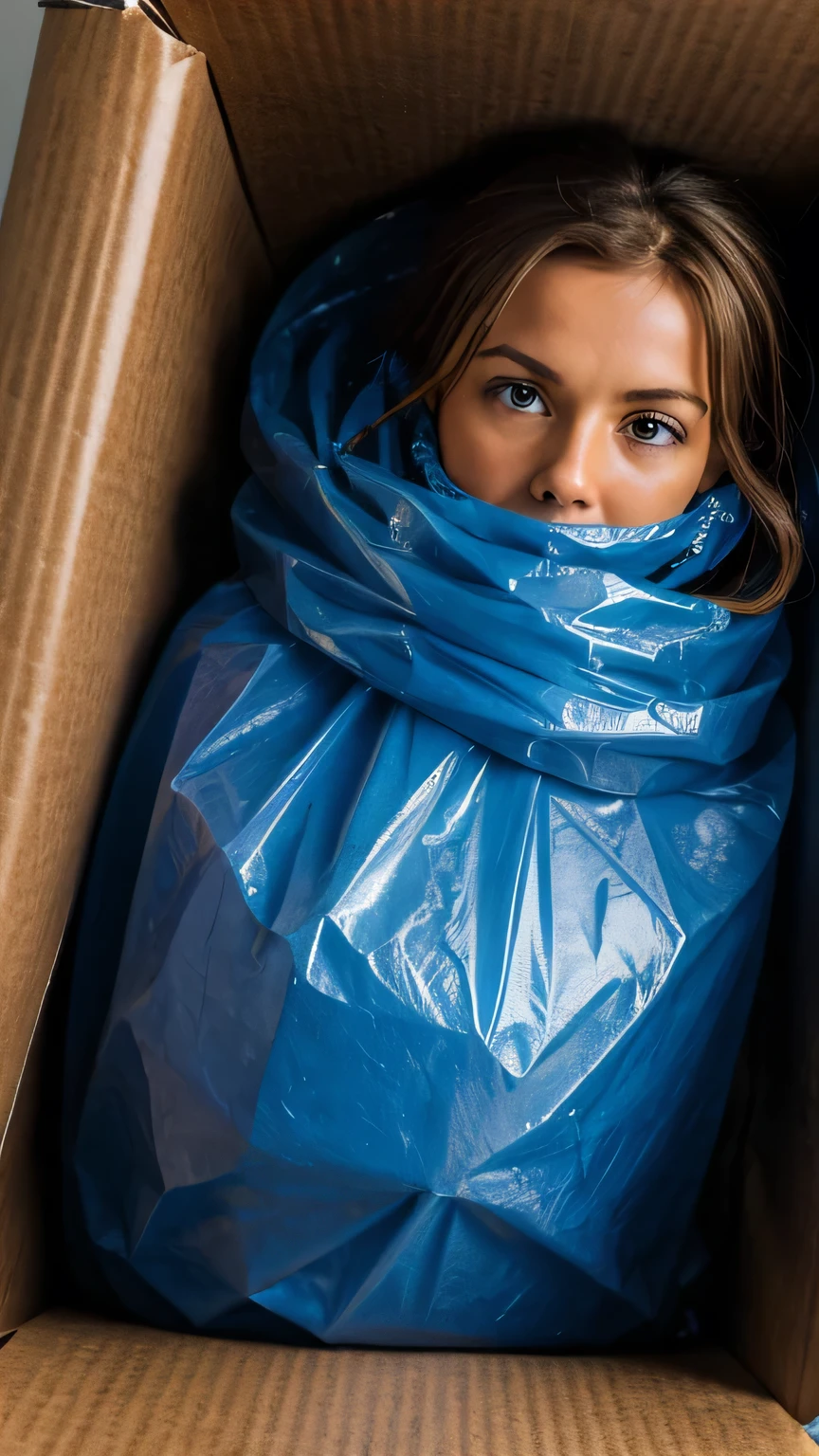 a faceless caucasian adult brown-haired female figure completely wrapped up from head to toe in blue plastic garbage bags is tightly tied up with rope wrapped around her like a helpless living mummy, she is completely covered with plastic, she is squeezed inside a carboard box, forced against her will, bright day, extremely photorealistic photo, highly detailed photo, portrait