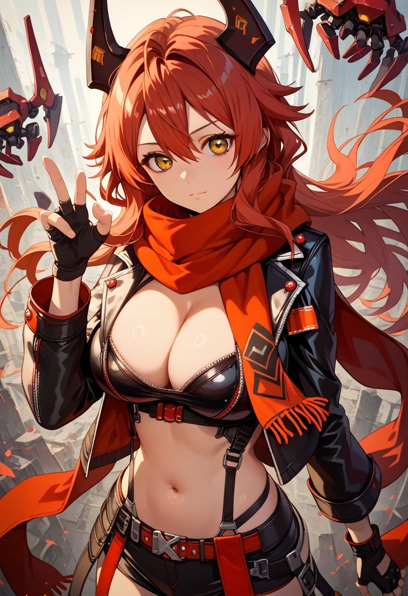 red hood (nikke), red hair, highres, 1girl, large breasts, mechanical horns, hair between eyes, cleavage, yellow eyes, red scarf, absurdres, looking at viewer, sidelocks, long hair, black gloves, navel, fingerless gloves, long sleeves, leather jacket,score_9, score_8_up,score_7_up, masterpiece, best quality, perfect anatomy, very aesthetic, 8k,
