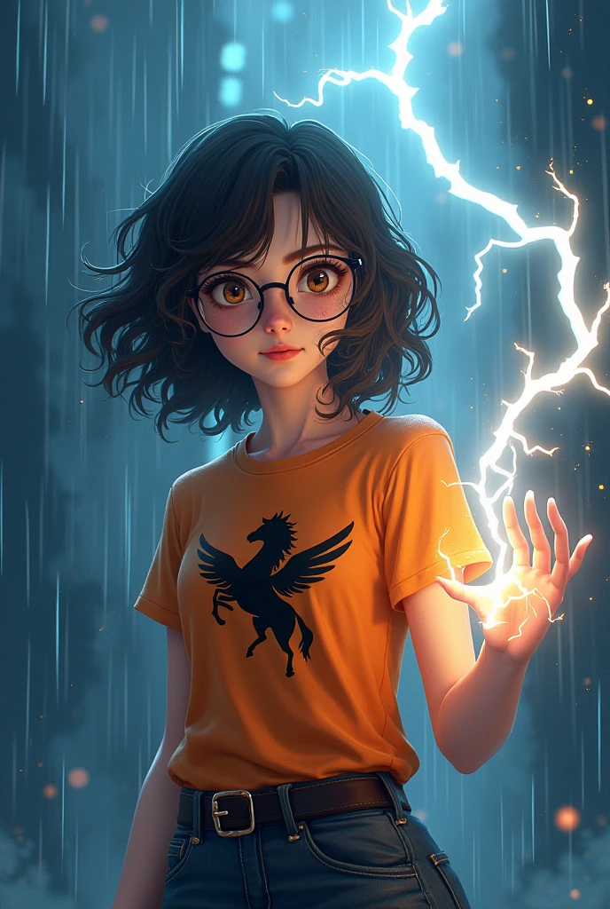 A girl wearing glasses, curly hair to her shoulders, dark skin, brown eyes, orange t-shirt with black Pegasus symbol, in the rain, looking to the side, lightning in the sky, wet rain, holding a lightning bolt