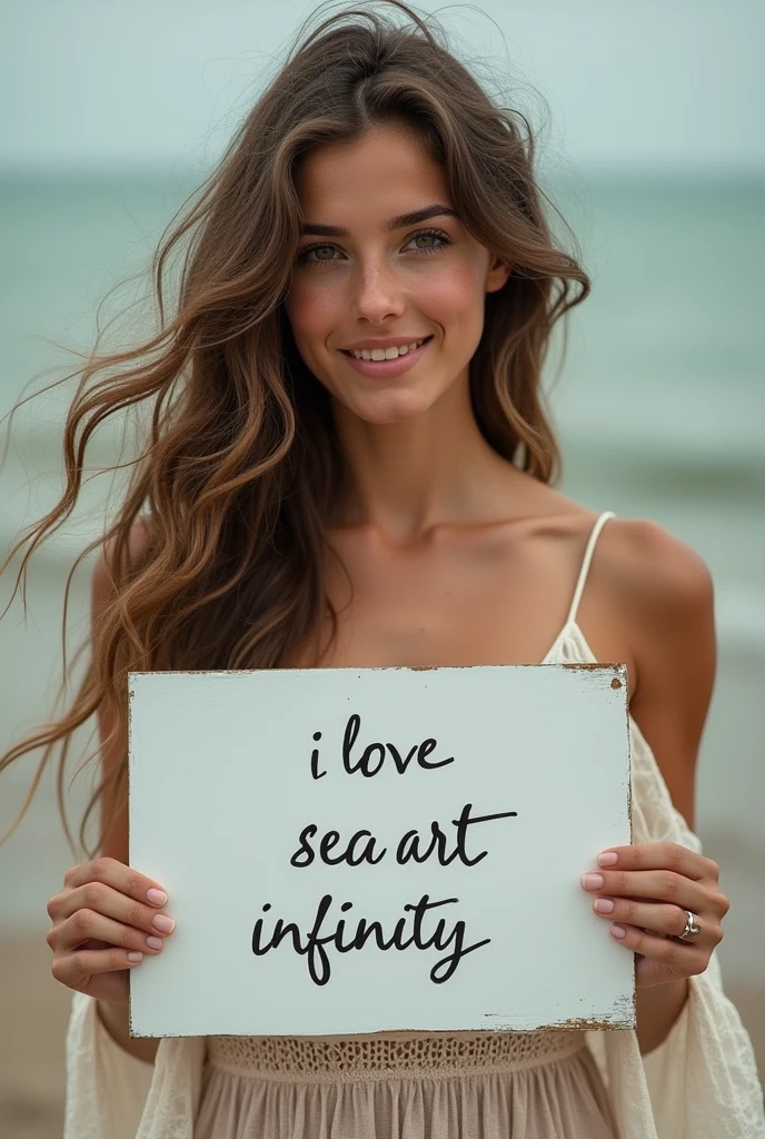 Beautiful girl with wavy long hair, bohemian dress, holding a white board with text "I Love Seaart Infinity" and showing it to the viewer