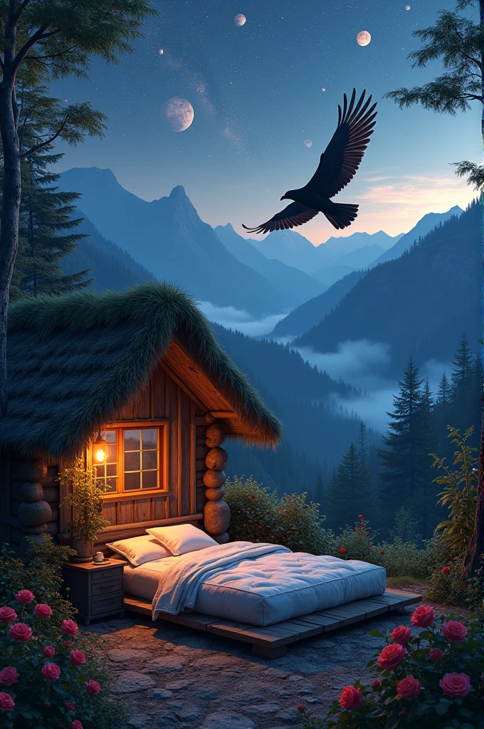 A mattress on a mountainside, a fireplace near the bed, a small hut, a strange and large bird in the sky, nature picturesque, vegetables pervading the place, beautiful roses at night, and the sky decorated with stars and planets. Realistic image. Many details. Beautiful. High accuracy. Fact. Cinematic