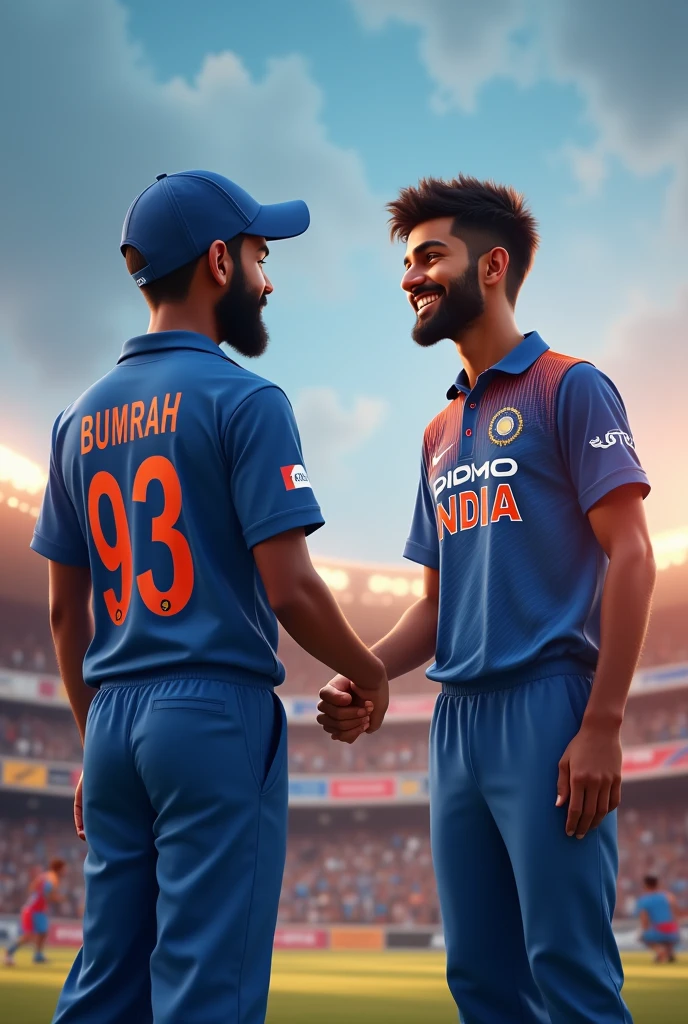 A teenage boy wearing indian cricket team jearsy name Ankan number 93 showing his back and hand  shake with jasprit Bumrah original