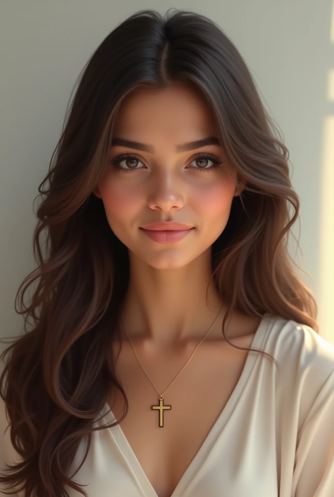 A girl with natural beauty and long hair she is a Kerala girl that girl was zero makeup she is a Christian girl she have a jesus cross pendant in she's neck