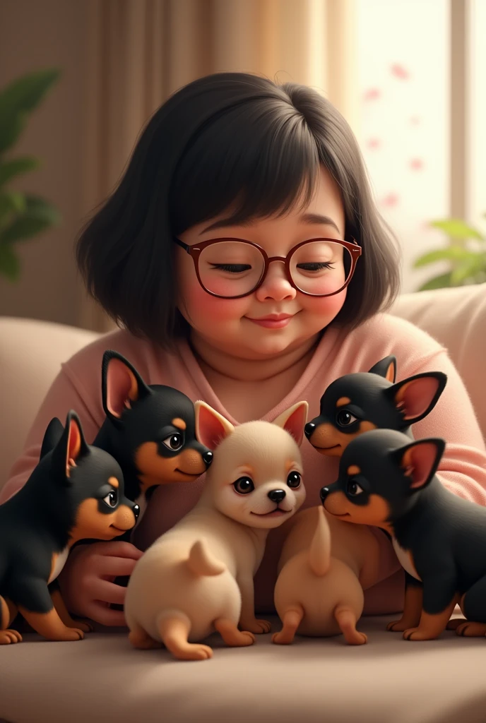 Chubby woman with short straight dark hair and glasses 7 black and brown chihuahua puppies