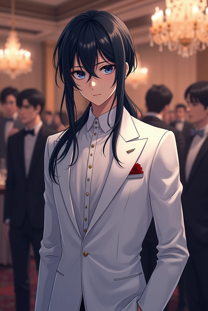 Anime boy Man long black hair with low ponytail and long bangs on the side of his forehead dark blue eyes wearing white elegant suit at an anniversary party