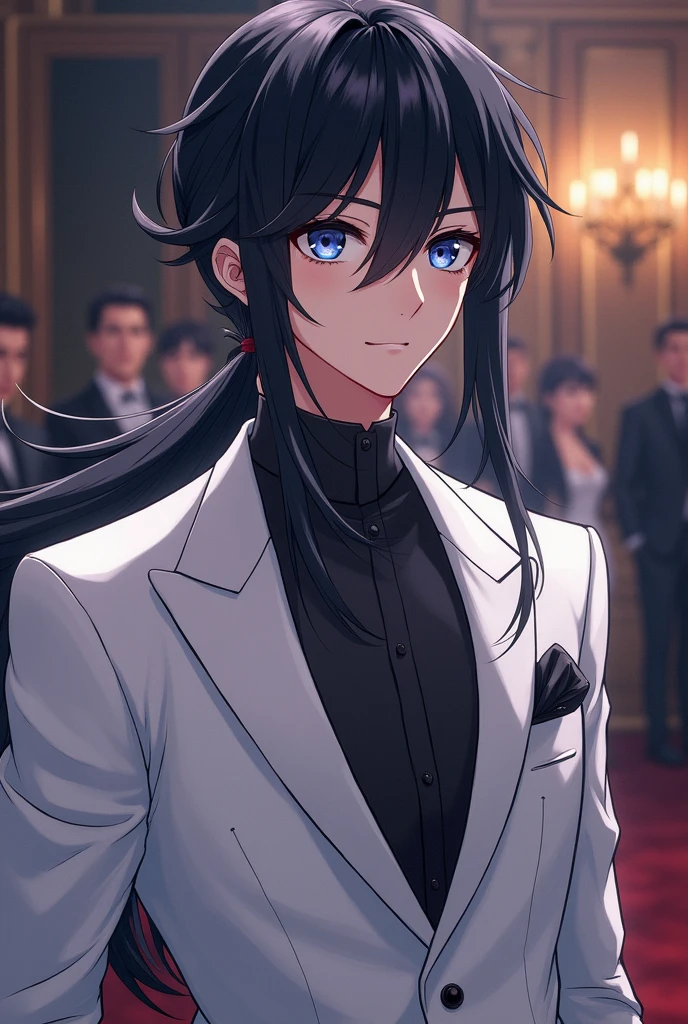 Anime boy Man long black hair with low ponytail and long bangs on the side of his forehead dark blue eyes wearing white elegant suit at an anniversary party
