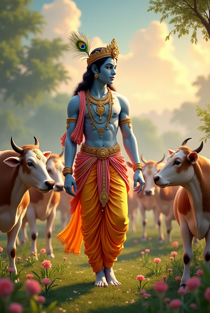 Generate image for wishing krishna janamashtmi which is sweet, elegant, graceful, full of divinity and bliss. It should not include dark colour in majority . Add cows and peacock feather on head
