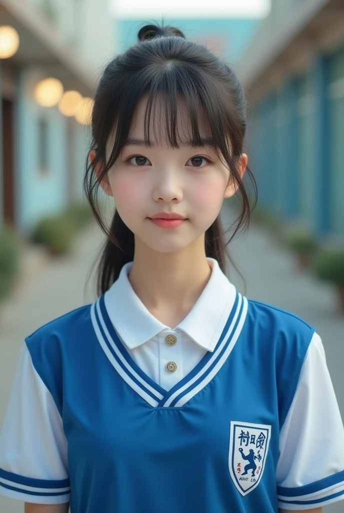 An ordinary Chinese female high school student,Middle-parted bangs,Ponytail,Wearing blue and white sports uniform,1,student,photo,Reality,Photos of life