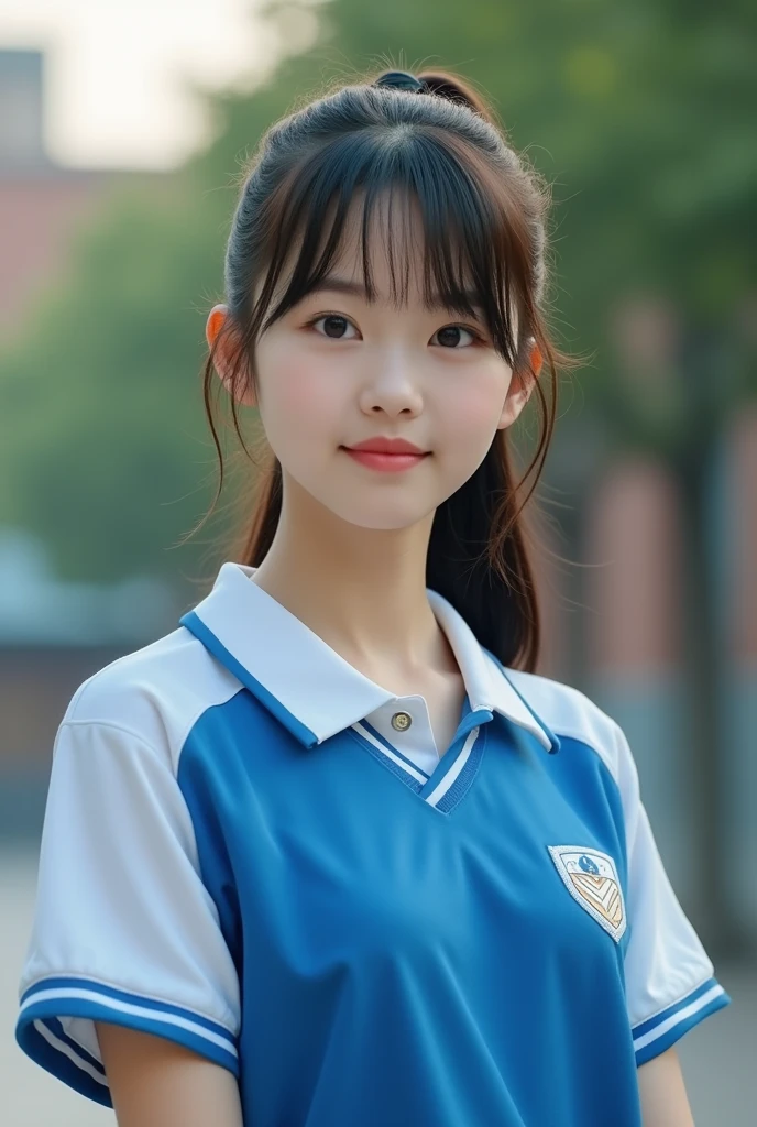 An ordinary Chinese female high school student,Middle-parted bangs,Ponytail,Wearing blue and white sports uniform,1,student,photo,Reality,Photos of life