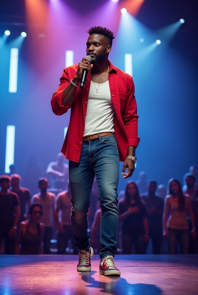 Handsome Black Singer Man. strong bodie, stylish. Modern black short hair. Manly Stylish Clothing. Red button down blouse, white tank top and modern jeans and cute colorful sneakers. He is on a stage singing