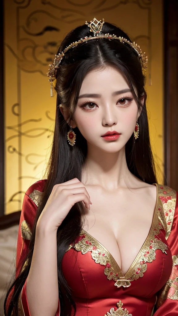 A very beautiful Medusa queen in hanfu, thin red silk shirt many yellow motifs, black la bce top, crown on her head, long hair dyed black , beutiful hair jewellery , pretty and cute face, perfect face, earring jewellery, big red eyes, sharp eye makeup, meticulous eyelash makeup, thin eyebrows, high nose, pretty red lips, no smile, pursed lips, rosy chicks, large breasts, big breasts, well- proportioned breasts, slim waist, read mesh stockings with black border, Chinese hanfu style, fictional art patterns, vivid and realistic colour, row photos, actual photos, ultra high quality 8k surreal photo, cool photo,