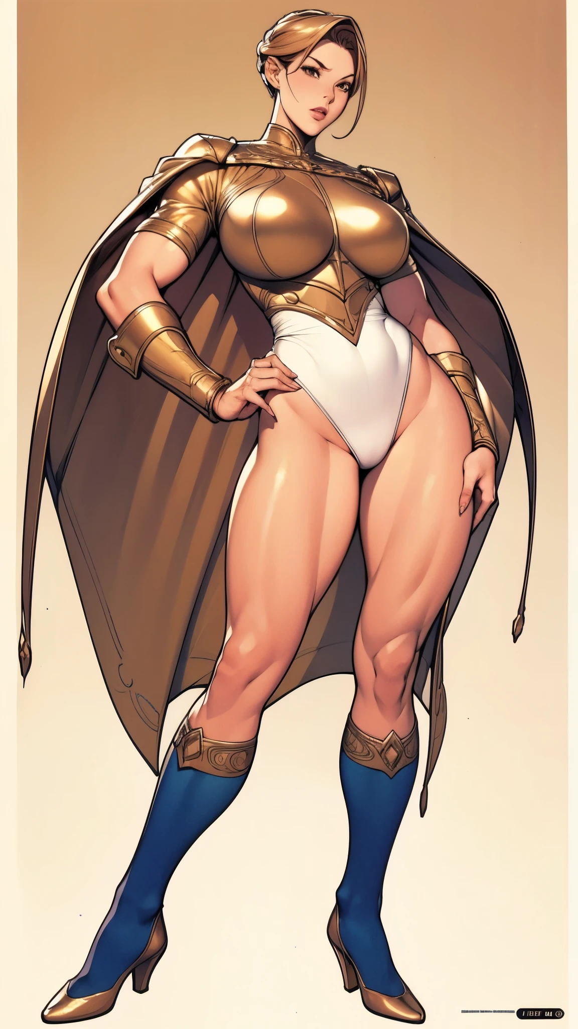 Full body picture:(masterpiece:1.2, best quality),(Very detailed),8K,wallpaper,1 female,Become a,Full body picture,TeelaQuiron character,Tall figure,Long legs,muscular,((Gold Metal Squadron Uniform))