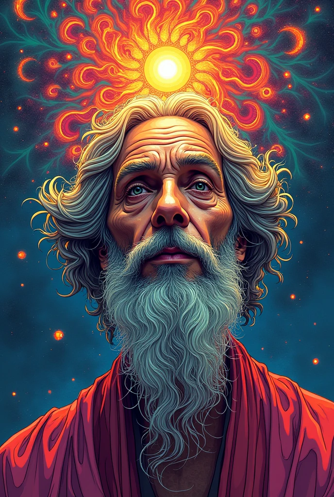 A sketch of Osho with all around trippy vibes
