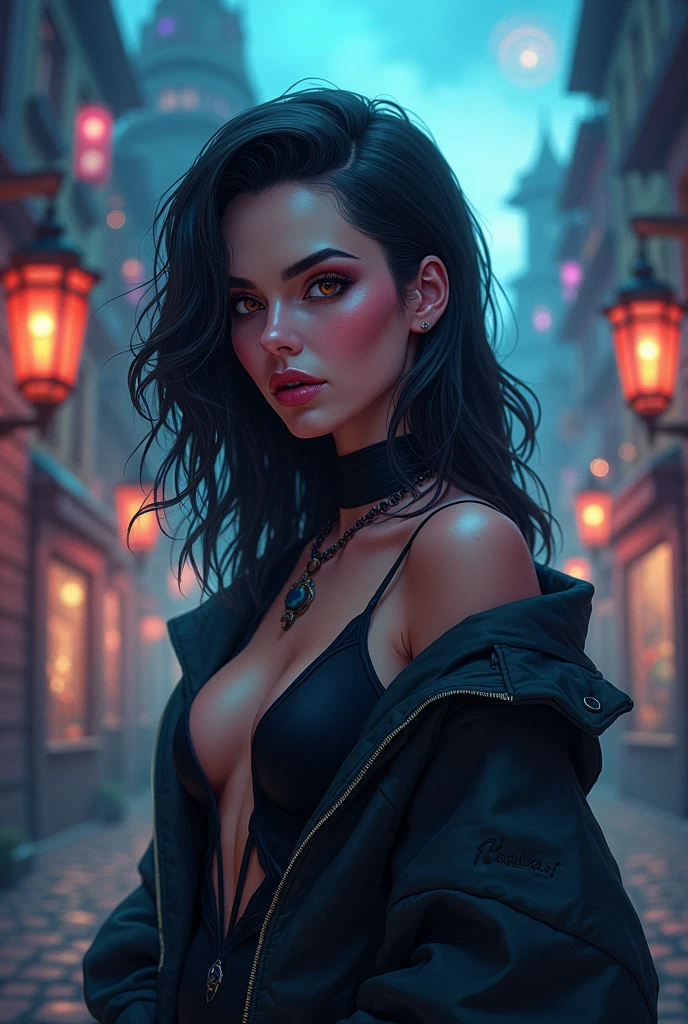 (halfbody shot,street lamps,moon),Masterpiece, 1girl, solo exhibition, beautiful woman on the bustling street, surrounded by hawkers, beautiful goddess girl portrait, beautiful and detailed face, porcelain skin, (((bust shot, center, night, black hair, short hair)), super soft lighting, symmetry, complexity, elegance, high detail, realism, art, concept art,