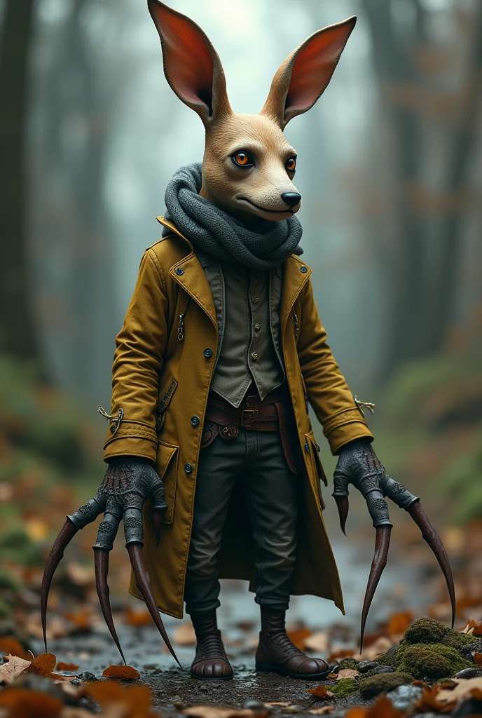 A man with a dog&#39;s head, spider hands,bunny ears and pinocchio nose