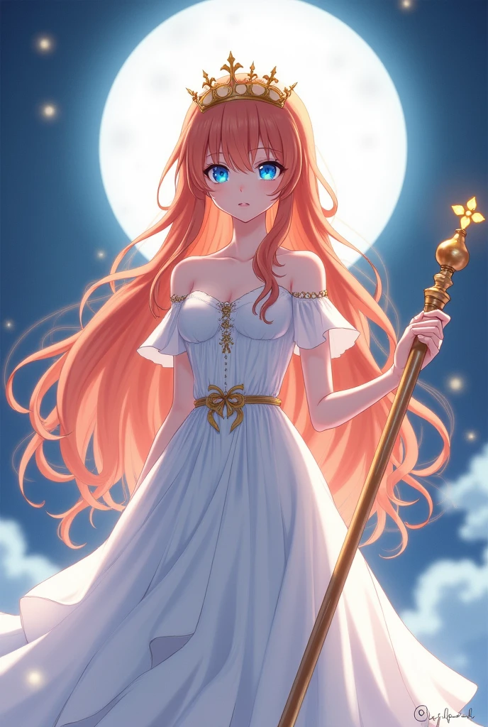 A girl, long orange hair, blue eyes. She wore a beautiful, off-the-shoulder white dress that was also extremely noble, with a crown on her head, her hand holding a golden staff like a queen, standing in the moonlight with a gentle expression. anime character.