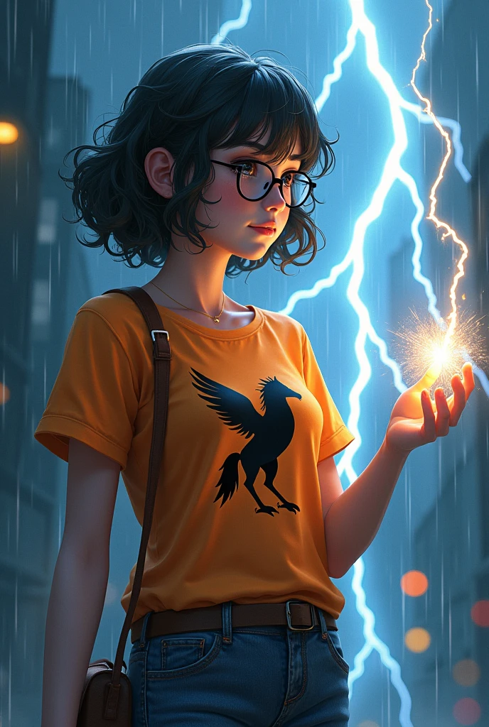 A girl wearing glasses, curly hair to her shoulders, dark skin, brown eyes, orange t-shirt with black Pegasus symbol, in the rain, looking to the side, lightning in the sky, wet rain, holding a lightning bolt