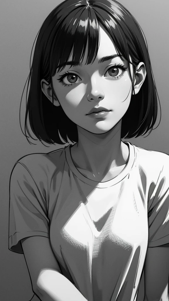 1 boyish asian girl, solo, sharp eyes, monochrome, greyscale, short black hair, portrait, T-shirt, closed mouth, looking at viewer, sketch, graphite \(medium\), detailed lips, hatching \(texture\), without makeup, bangs, upper body, (best illustration), (best quality), (very detailed), (masterpiece), expressionless,