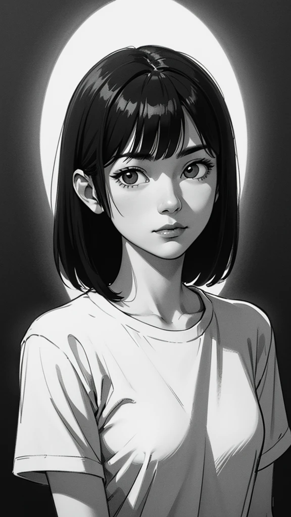 1 boyish asian girl, solo, sharp eyes, monochrome, greyscale, short black hair, portrait, T-shirt, closed mouth, looking at viewer, sketch, graphite \(medium\), detailed lips, hatching \(texture\), without makeup, bangs, upper body, (best illustration), (best quality), (very detailed), (masterpiece), expressionless,