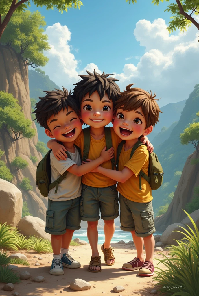 "The three kids are huddled together, smiling and supporting each other as they face a challenge. The background shows them overcoming an obstacle, like crossing a river on a makeshift bridge or climbing a steep hill, symbolizing their teamwork and strong bond."Every Day a New Adventure